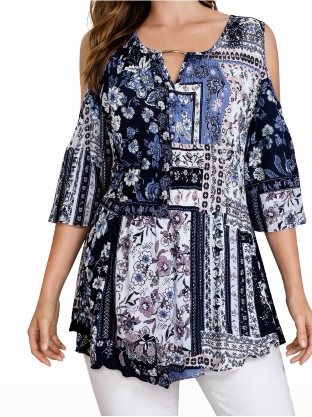 Est. 1946 blouse top cold shoulder floral blue colorway SZ L navy blue white